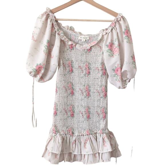For Love Bell Womens Mini Dress Puff Sleeve Floral Smocked Size Small Ruffle EUC - Picture 1 of 7